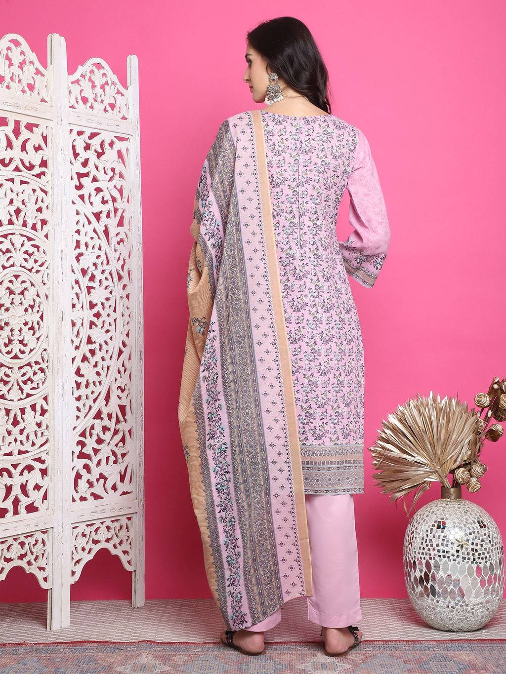 Jyoti Fashion Women's Pink Cotton Floral Digital Print with Resham Thread Work Kurta with Trouser & Dupatta | Grocsy