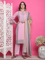 Jyoti Fashion Women's Pink Cotton Floral Digital Print with Resham Thread Work Kurta with Trouser & Dupatta | Grocsy
