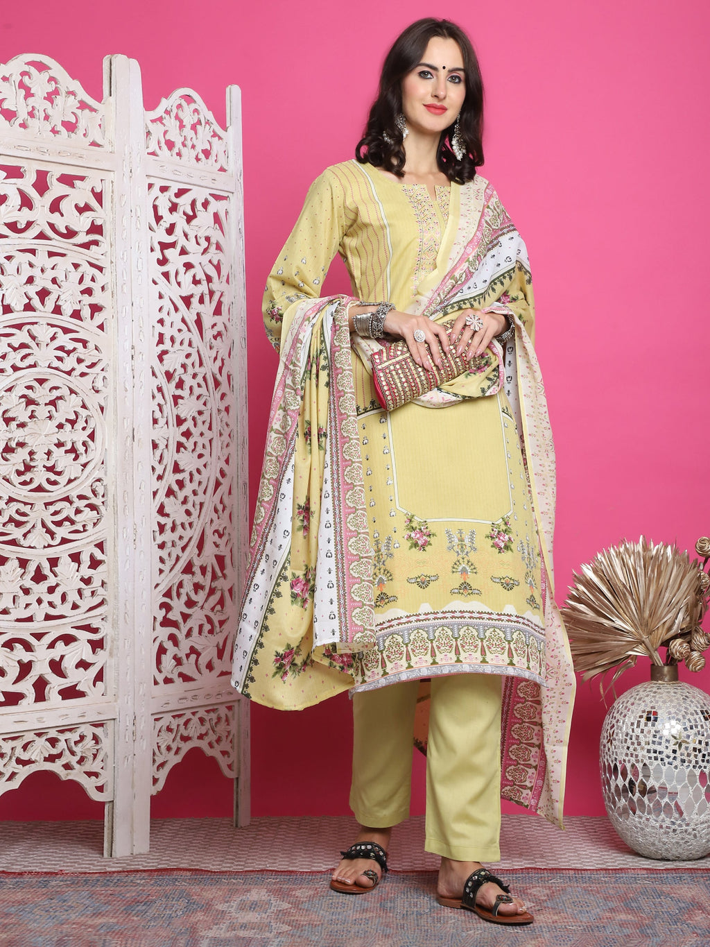 Jyoti Fashion Women's Lemon Yellow Cotton Floral Digital Print with Resham Thread Work Kurta with Trouser & Dupatta | Grocsy