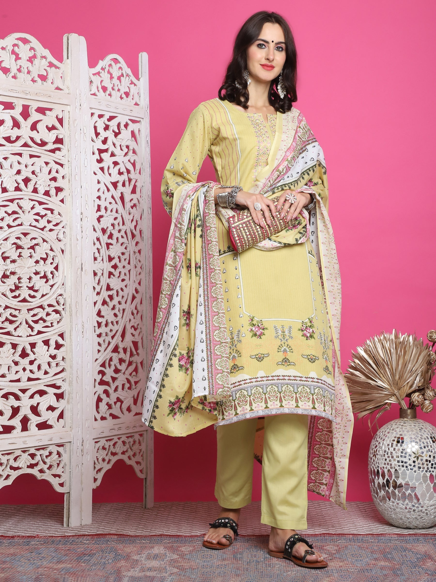 Jyoti Fashion Women's Lemon Yellow Cotton Floral Digital Print with Resham Thread Work Kurta with Trouser & Dupatta | Grocsy