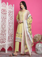Jyoti Fashion Women's Lemon Yellow Cotton Floral Digital Print with Resham Thread Work Kurta with Trouser & Dupatta | Grocsy