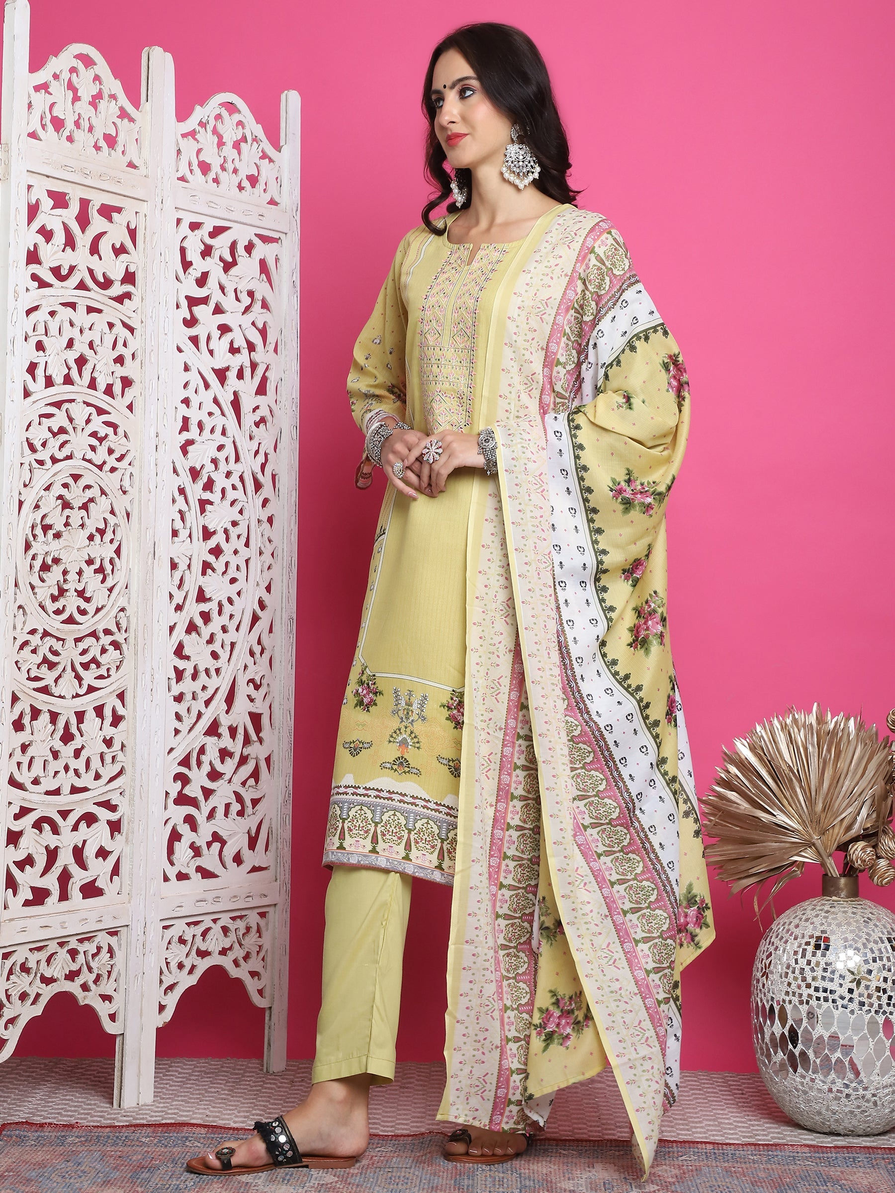 Jyoti Fashion Women's Lemon Yellow Cotton Floral Digital Print with Resham Thread Work Kurta with Trouser & Dupatta | Grocsy