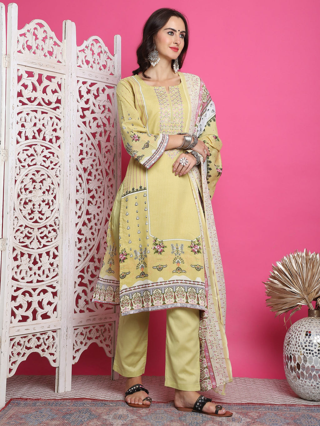 Jyoti Fashion Women's Lemon Yellow Cotton Floral Digital Print with Resham Thread Work Kurta with Trouser & Dupatta | Grocsy