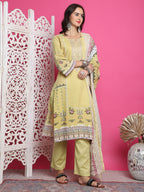 Jyoti Fashion Women's Lemon Yellow Cotton Floral Digital Print with Resham Thread Work Kurta with Trouser & Dupatta | Grocsy