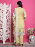 Jyoti Fashion Women's Lemon Yellow Cotton Floral Digital Print with Resham Thread Work Kurta with Trouser & Dupatta | Grocsy