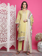 Jyoti Fashion Women's Lemon Yellow Cotton Floral Digital Print with Resham Thread Work Kurta with Trouser & Dupatta | Grocsy