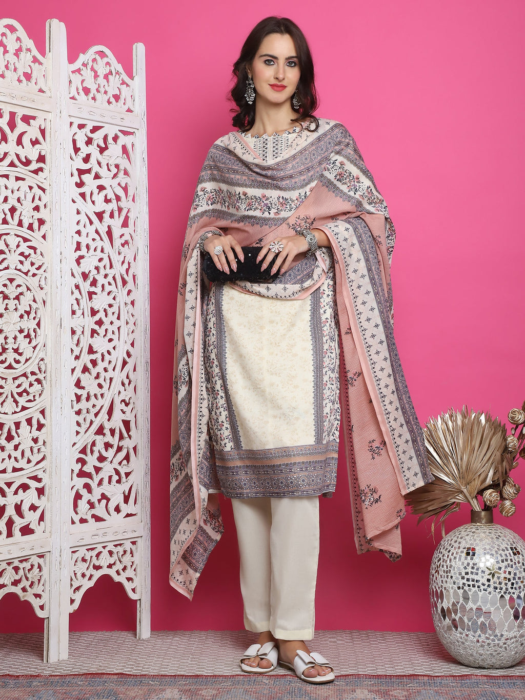 Jyoti Fashion Women's Cream Cotton Floral Digital Print with Resham Thread Work Kurta with Trouser & Dupatta | Grocsy