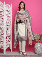 Jyoti Fashion Women's Cream Cotton Floral Digital Print with Resham Thread Work Kurta with Trouser & Dupatta | Grocsy