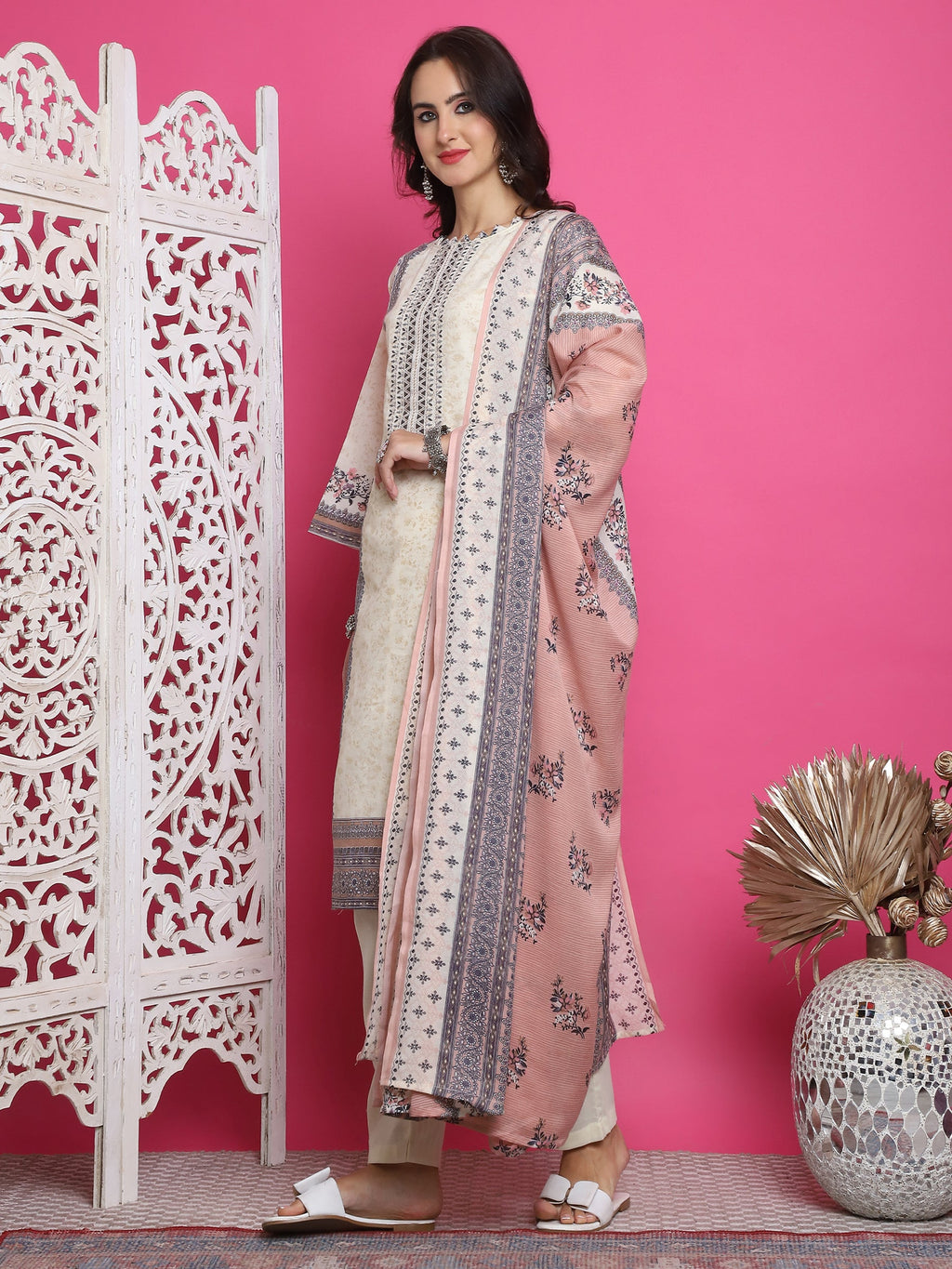 Jyoti Fashion Women's Cream Cotton Floral Digital Print with Resham Thread Work Kurta with Trouser & Dupatta | Grocsy