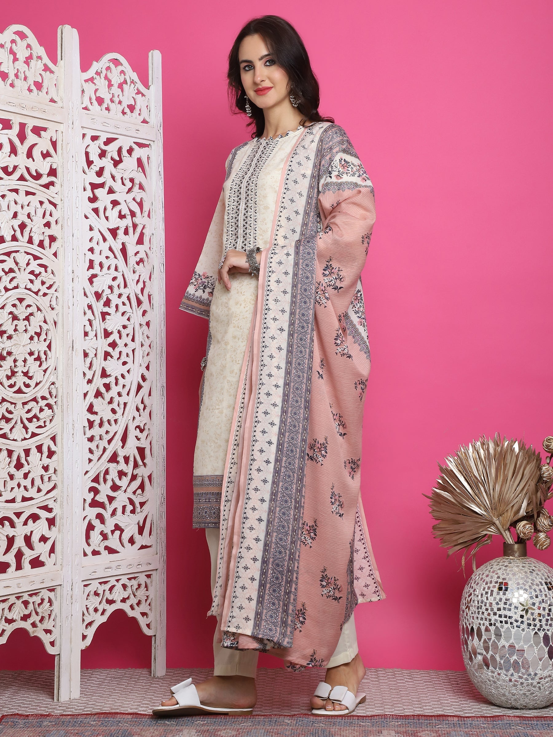 Jyoti Fashion Women's Cream Cotton Floral Digital Print with Resham Thread Work Kurta with Trouser & Dupatta | Grocsy
