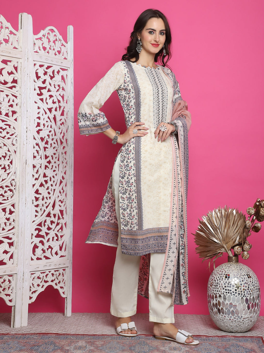 Jyoti Fashion Women's Cream Cotton Floral Digital Print with Resham Thread Work Kurta with Trouser & Dupatta | Grocsy
