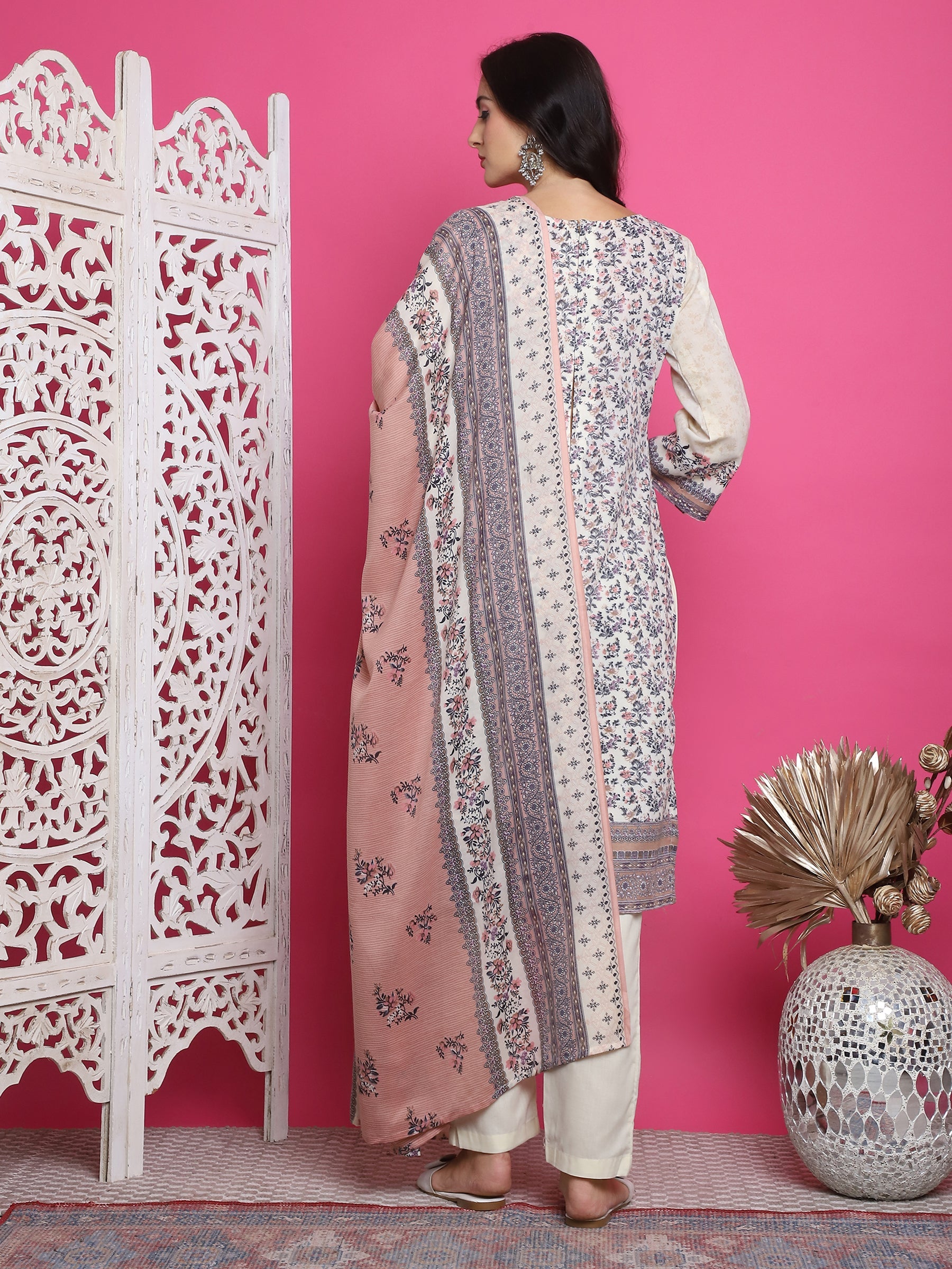 Jyoti Fashion Women's Cream Cotton Floral Digital Print with Resham Thread Work Kurta with Trouser & Dupatta | Grocsy