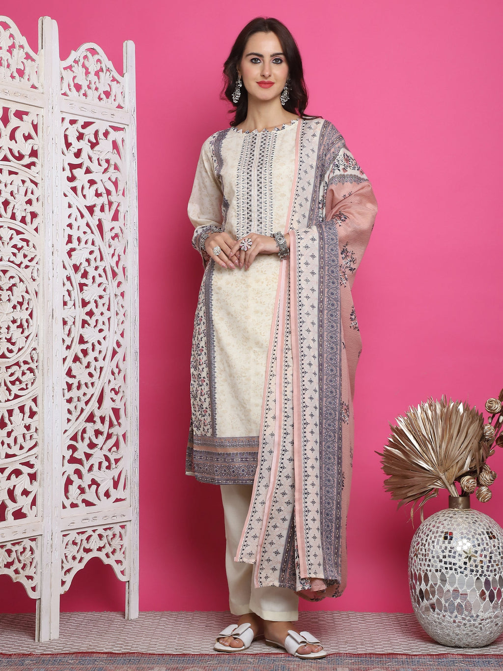Jyoti Fashion Women's Cream Cotton Floral Digital Print with Resham Thread Work Kurta with Trouser & Dupatta | Grocsy