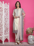 Jyoti Fashion Women's Cream Cotton Floral Digital Print with Resham Thread Work Kurta with Trouser & Dupatta | Grocsy