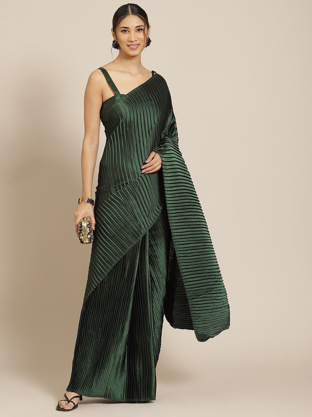 Jyoti Fashion Women's Green Satin Platted Work Designer Saree with Blouse | Grocsy