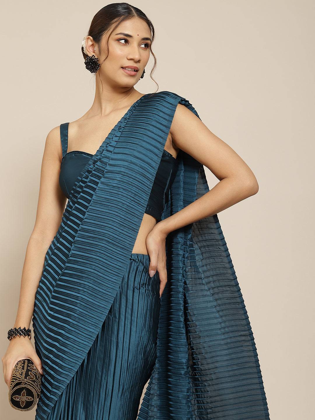 Jyoti Fashion Women's Blue Satin Platted Work Designer Saree with Blouse | Grocsy