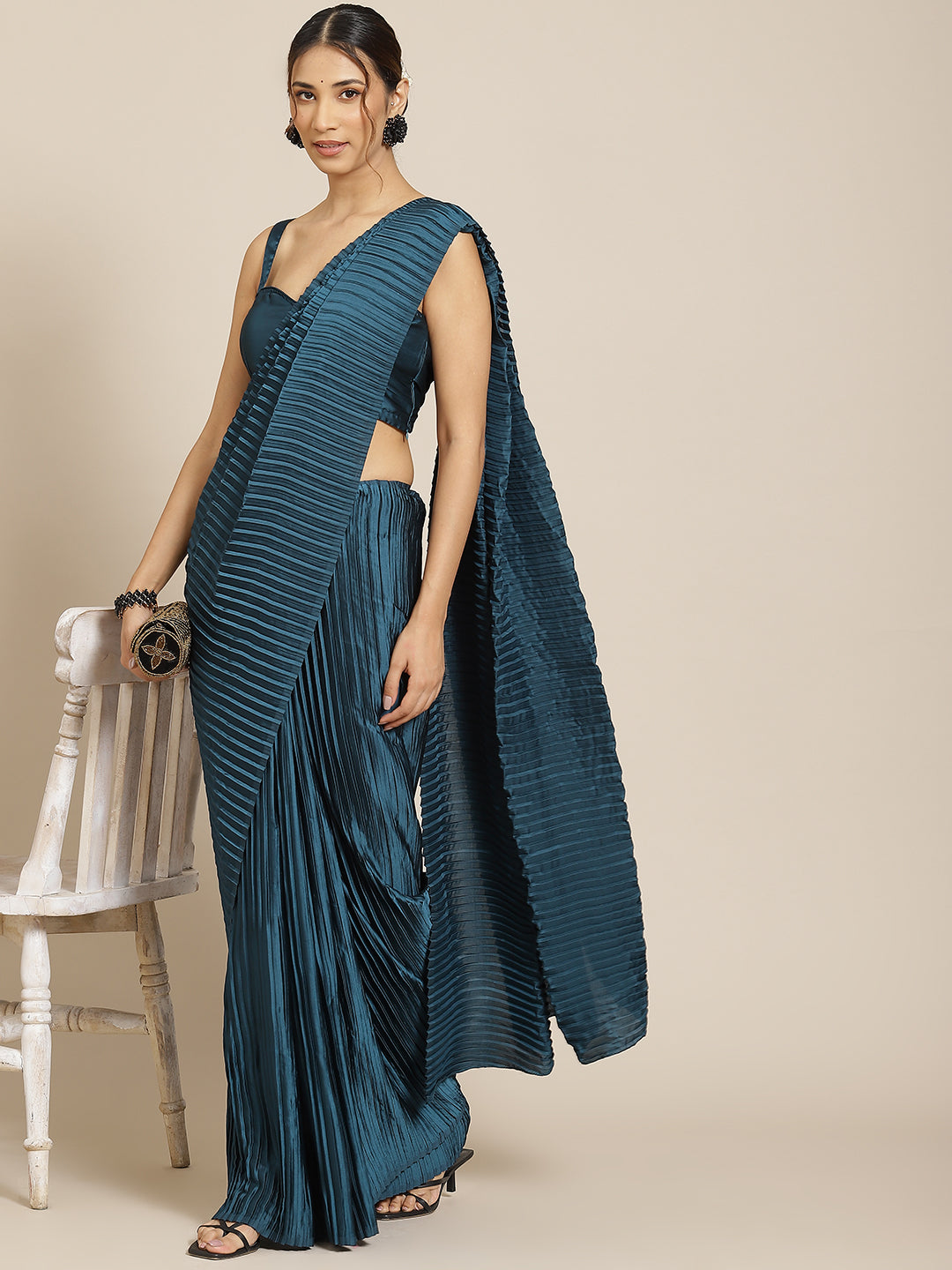 Jyoti Fashion Women's Blue Satin Platted Work Designer Saree with Blouse | Grocsy