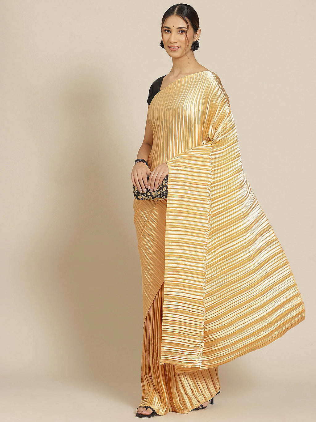 Jyoti Fashion Women's Gold Satin Platted Work Designer Saree with Blouse | Grocsy