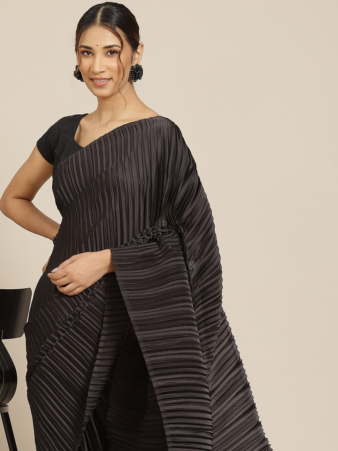 Jyoti Fashion Women's Black Satin Platted Work Designer Saree with Blouse | Grocsy