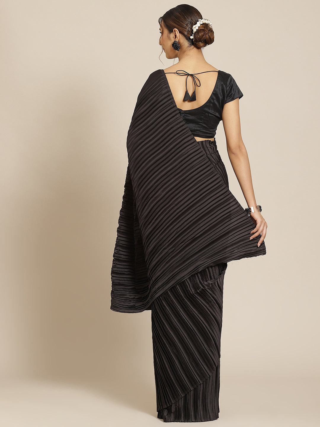 Jyoti Fashion Women's Black Satin Platted Work Designer Saree with Blouse | Grocsy