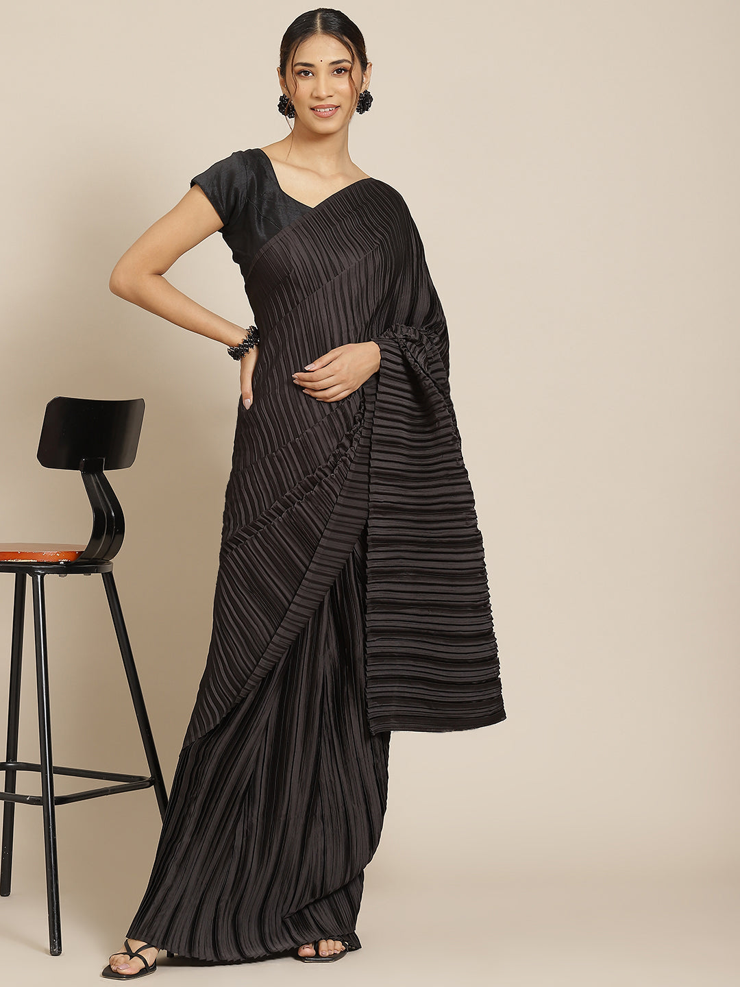 Jyoti Fashion Women's Black Satin Platted Work Designer Saree with Blouse | Grocsy