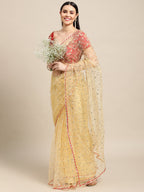 Jyoti Fashion Women's White Net Embroidered Designer Saree with Blouse | Grocsy