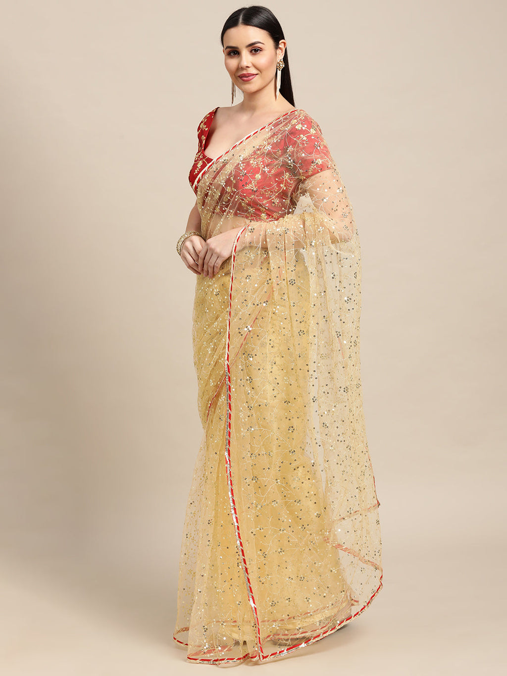 Jyoti Fashion Women's White Net Embroidered Designer Saree with Blouse | Grocsy