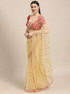 Jyoti Fashion Women's White Net Embroidered Designer Saree with Blouse | Grocsy