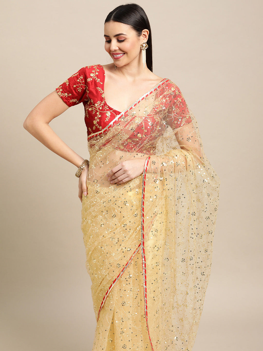 Jyoti Fashion Women's White Net Embroidered Designer Saree with Blouse | Grocsy