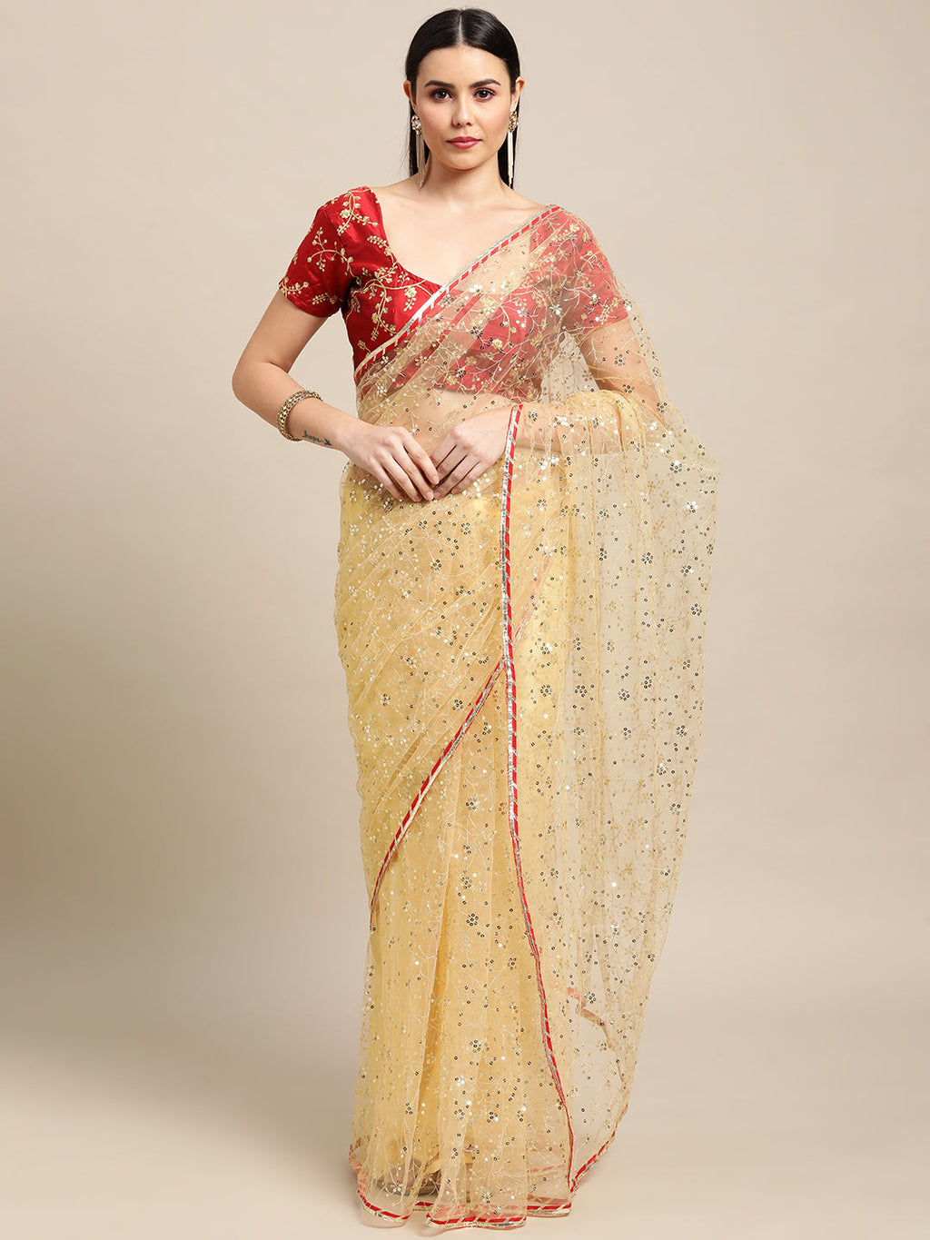 Jyoti Fashion Women's White Net Embroidered Designer Saree with Blouse | Grocsy