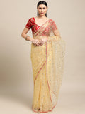 Jyoti Fashion Women's White Net Embroidered Designer Saree with Blouse | Grocsy