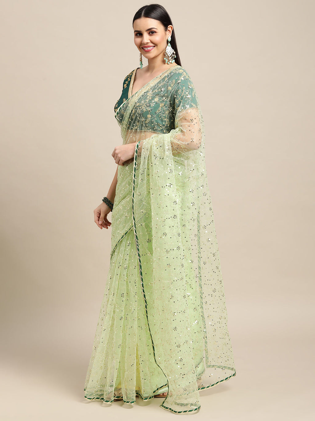 Jyoti Fashion Women's Green Net Embroidered Designer Saree with Blouse | Grocsy