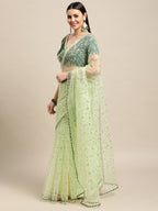 Jyoti Fashion Women's Green Net Embroidered Designer Saree with Blouse | Grocsy