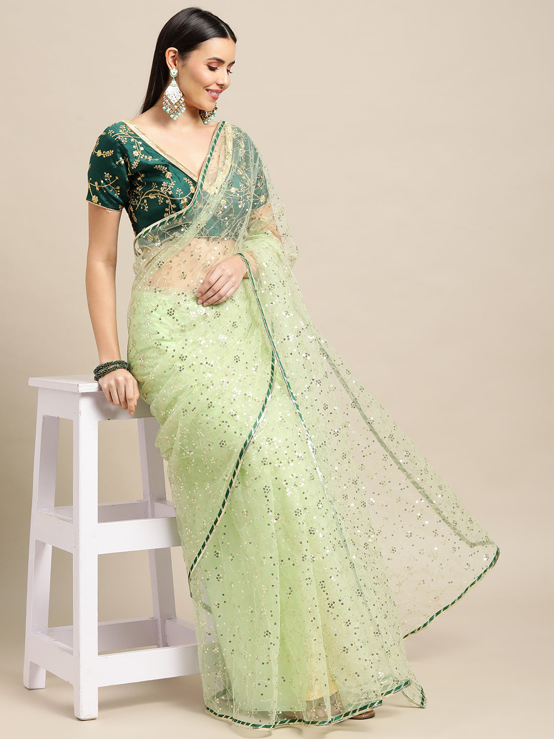 Jyoti Fashion Women's Green Net Embroidered Designer Saree with Blouse | Grocsy