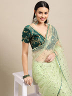 Jyoti Fashion Women's Green Net Embroidered Designer Saree with Blouse | Grocsy