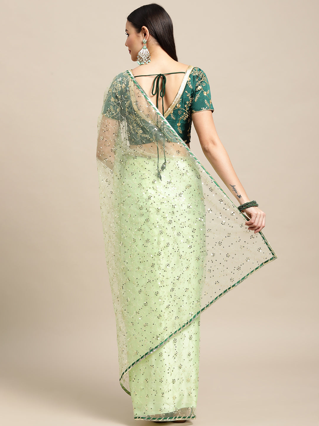 Jyoti Fashion Women's Green Net Embroidered Designer Saree with Blouse | Grocsy