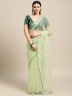 Jyoti Fashion Women's Green Net Embroidered Designer Saree with Blouse | Grocsy