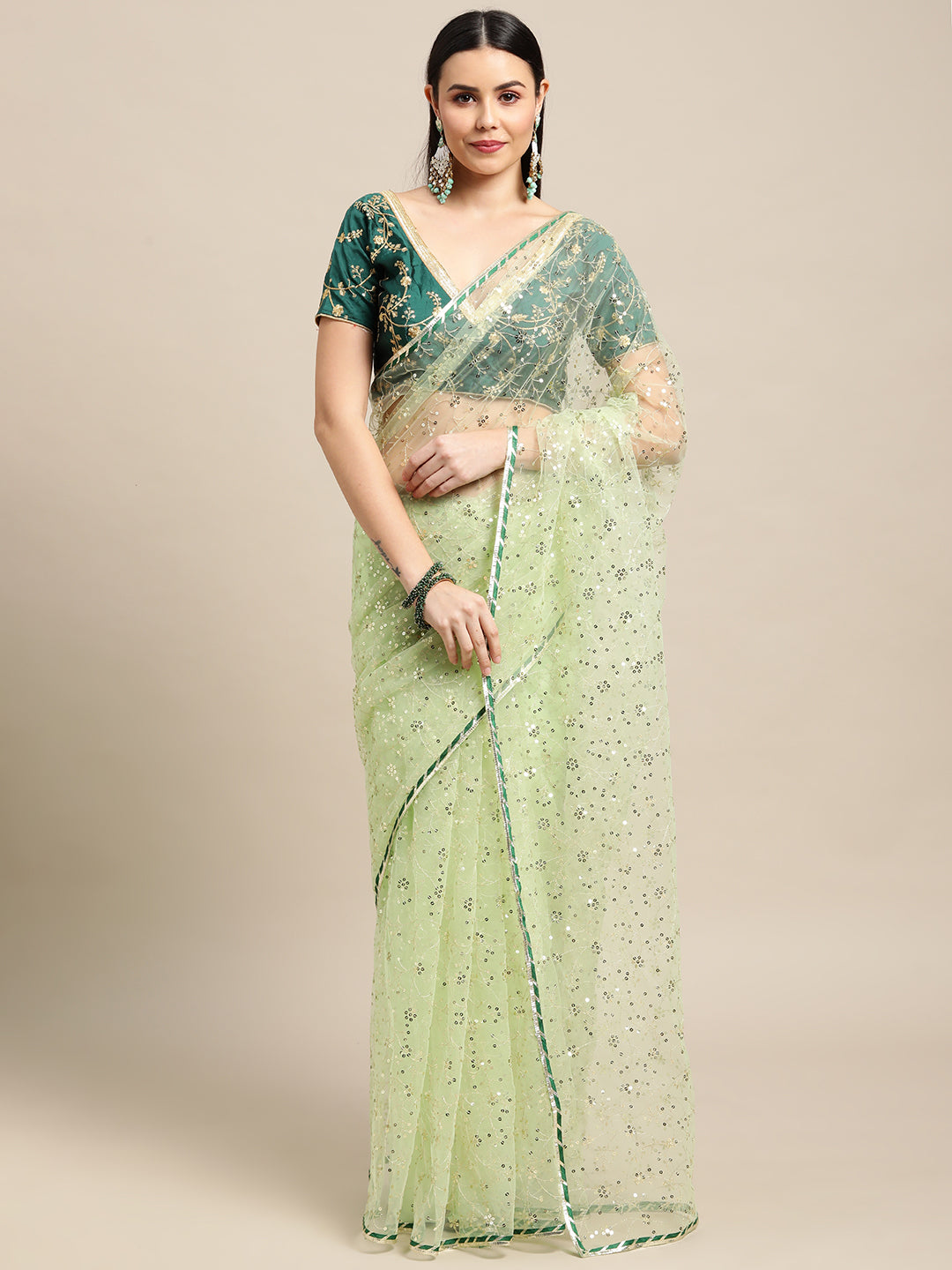 Jyoti Fashion Women's Green Net Embroidered Designer Saree with Blouse | Grocsy