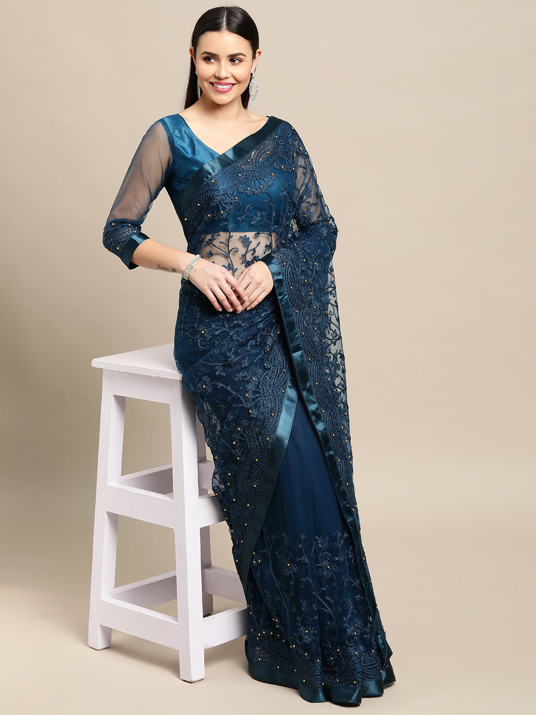Jyoti Fashion Women's Blue Net Embroidered Designer Saree with Blouse | Grocsy