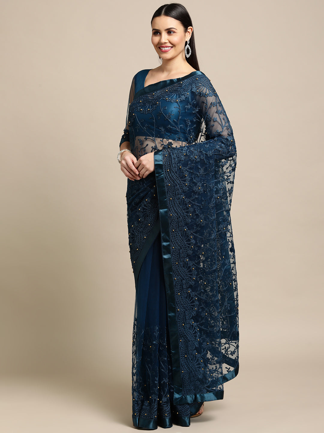 Jyoti Fashion Women's Blue Net Embroidered Designer Saree with Blouse | Grocsy
