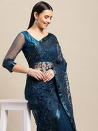 Jyoti Fashion Women's Blue Net Embroidered Designer Saree with Blouse | Grocsy