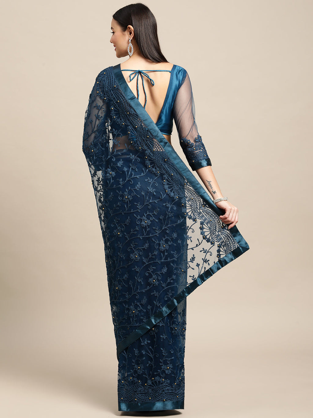 Jyoti Fashion Women's Blue Net Embroidered Designer Saree with Blouse | Grocsy