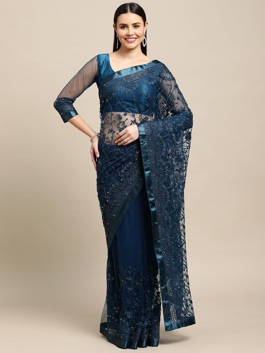 Jyoti Fashion Women's Blue Net Embroidered Designer Saree with Blouse | Grocsy
