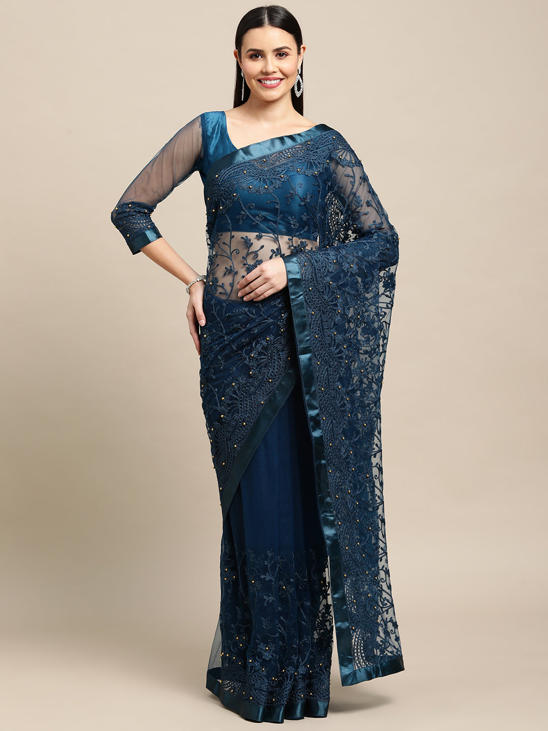 Jyoti Fashion Women's Blue Net Embroidered Designer Saree with Blouse | Grocsy