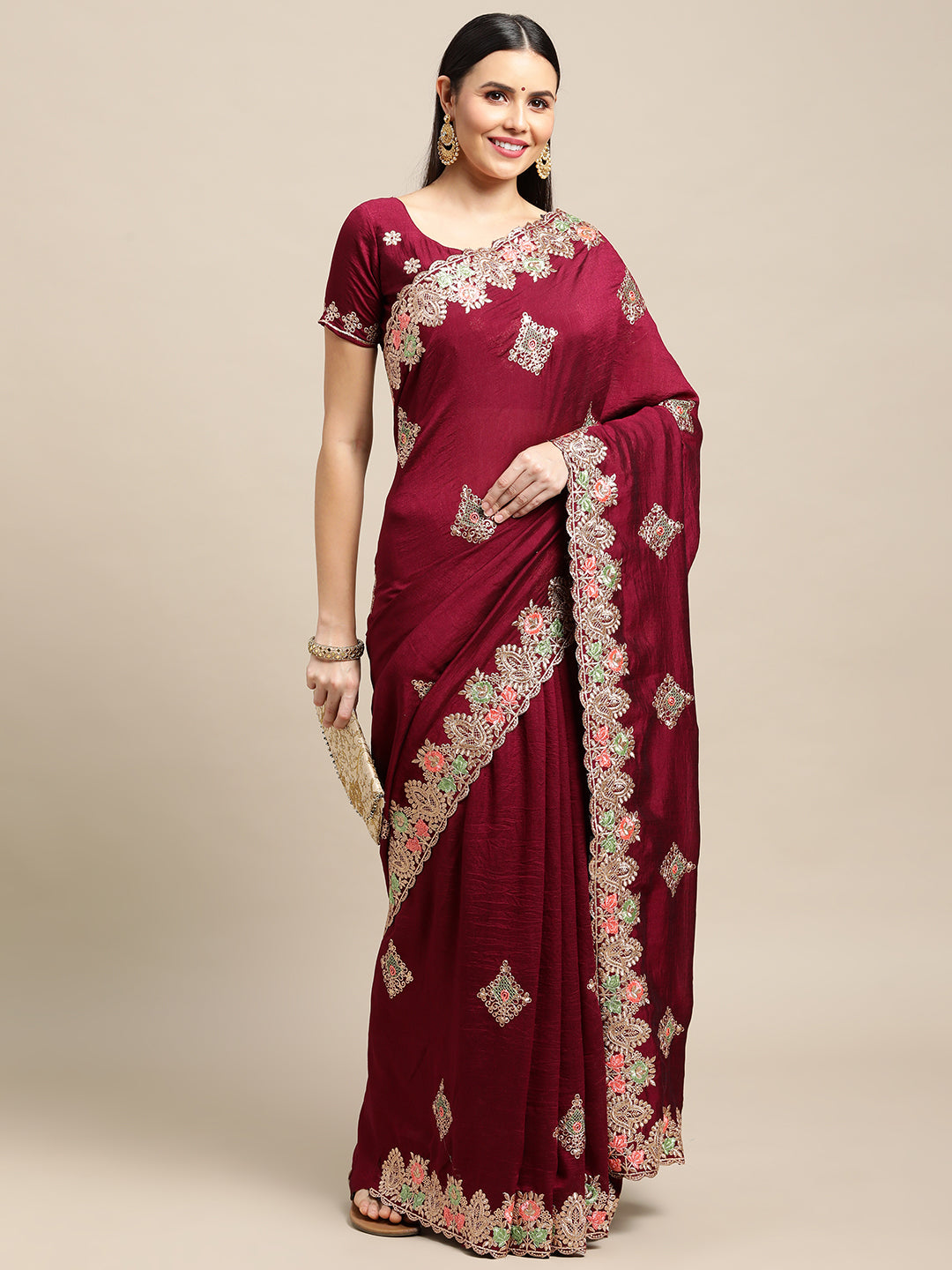 Jyoti Fashion Women's Purple Silk Blend Embroidered Designer Saree with Blouse | Grocsy