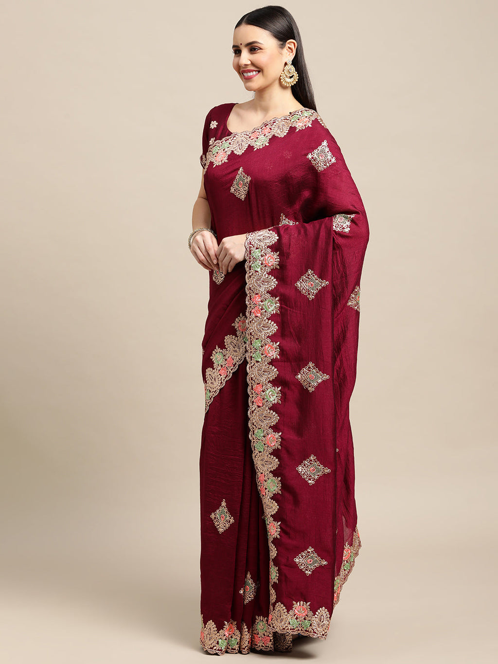 Jyoti Fashion Women's Purple Silk Blend Embroidered Designer Saree with Blouse | Grocsy