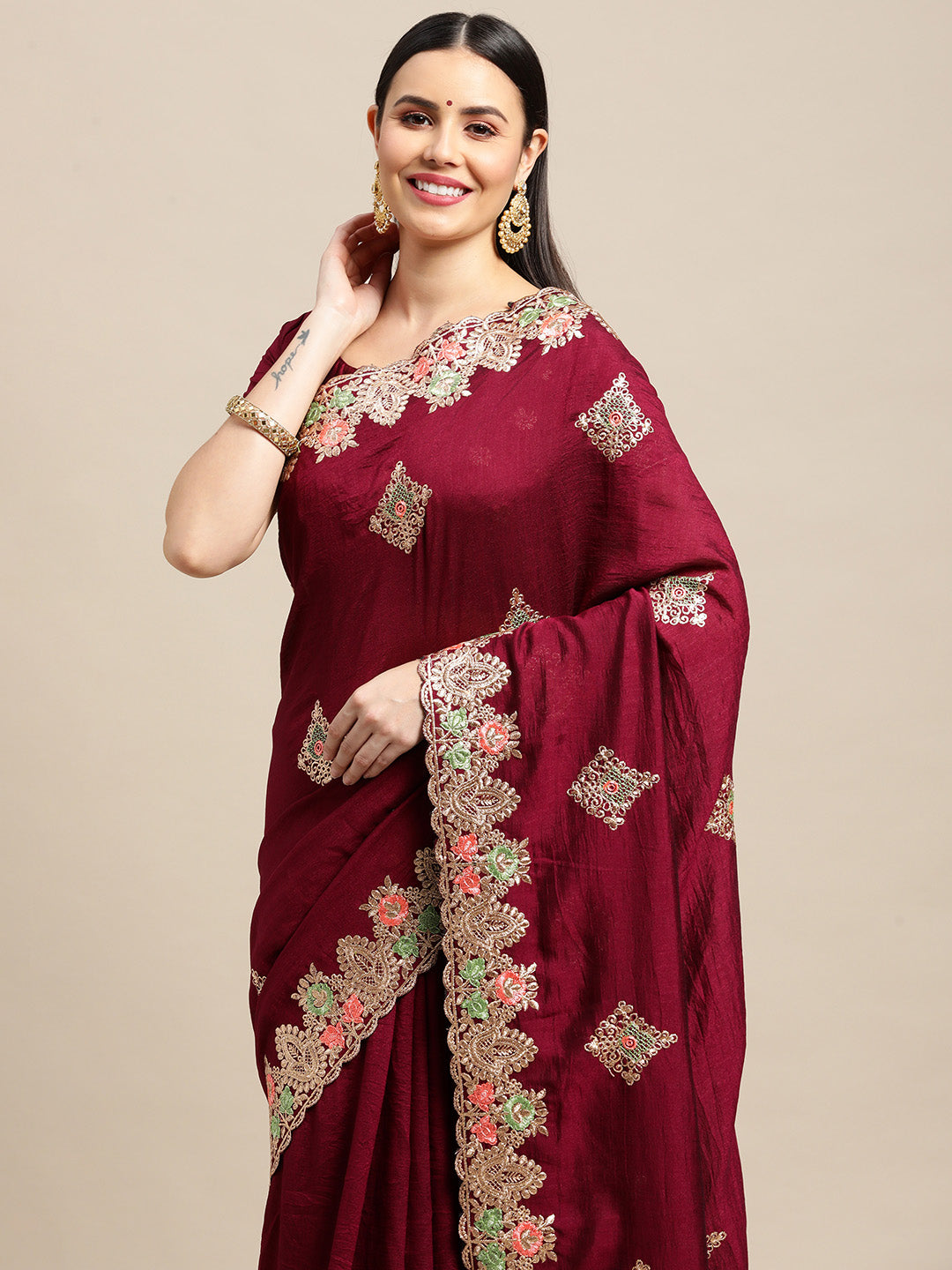 Jyoti Fashion Women's Purple Silk Blend Embroidered Designer Saree with Blouse | Grocsy