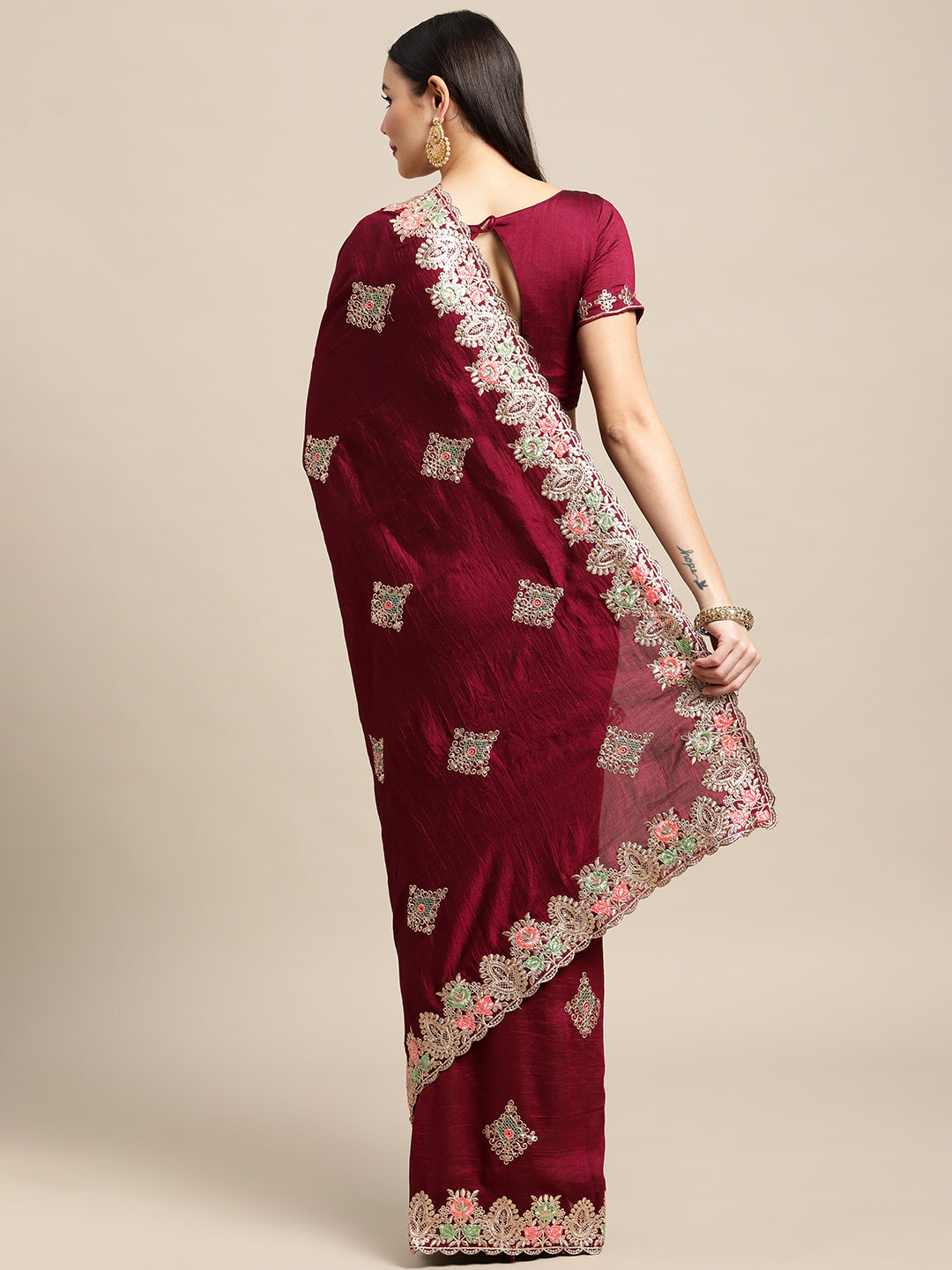 Jyoti Fashion Women's Purple Silk Blend Embroidered Designer Saree with Blouse | Grocsy