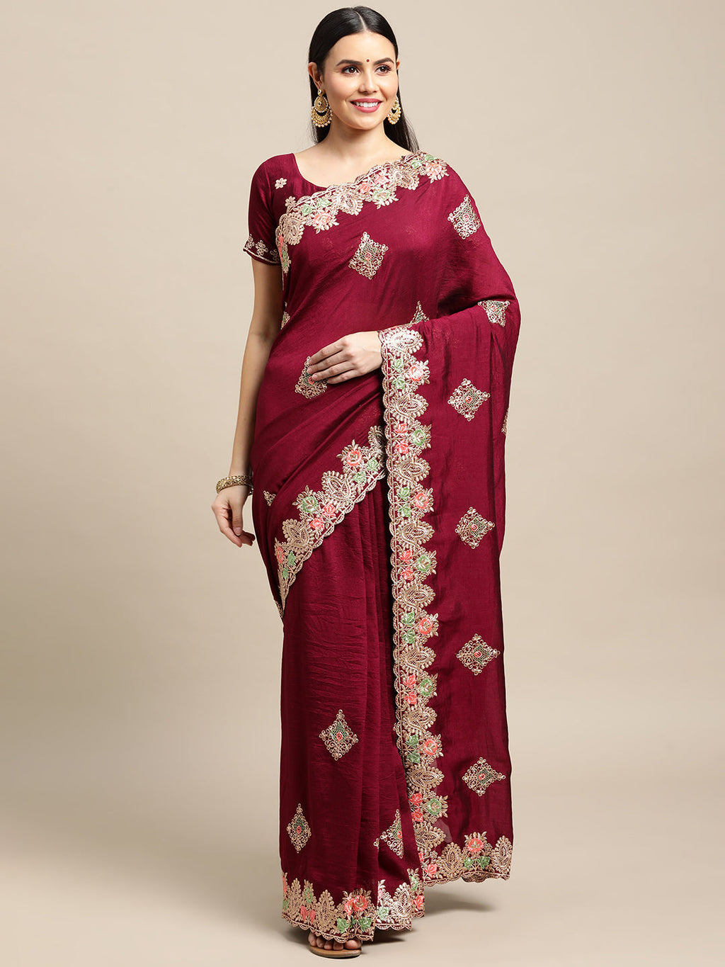 Jyoti Fashion Women's Purple Silk Blend Embroidered Designer Saree with Blouse | Grocsy