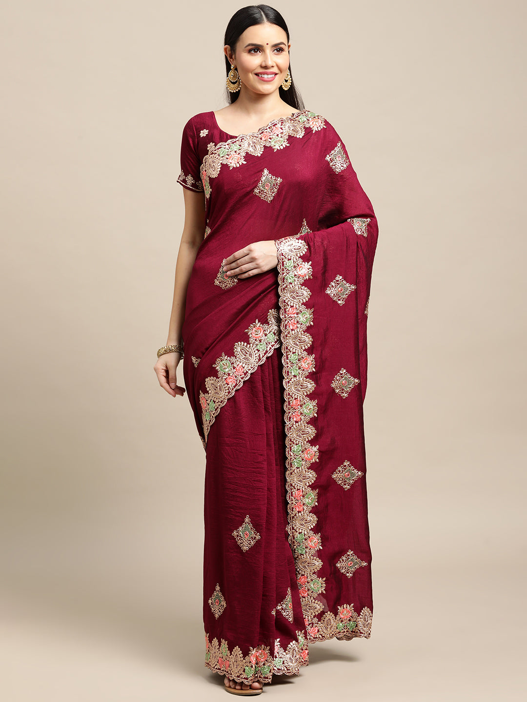 Jyoti Fashion Women's Purple Silk Blend Embroidered Designer Saree with Blouse | Grocsy